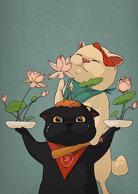 Cats with Lotus Flowers
