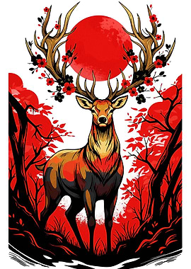 Deer with Flowers and Red Sun