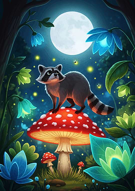 Raccoon on Mushroom in Enchanted Forest