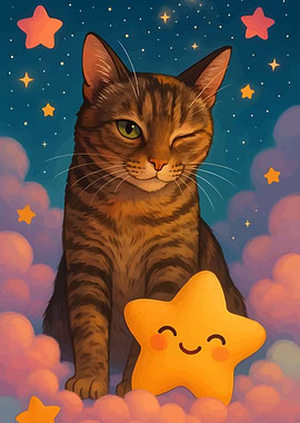 Winking Cat with Starry Night