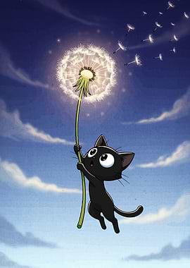 Black Cat and Dandelion Cartoon