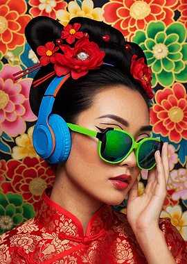 Asian Woman with Headphones and Sunglasses