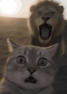 Surprised Cat and Lion Roar