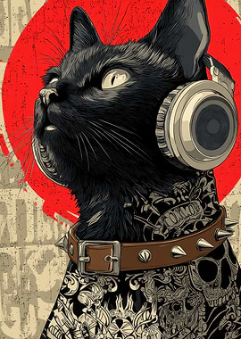 Tattooed Cat with Headphones Illustration