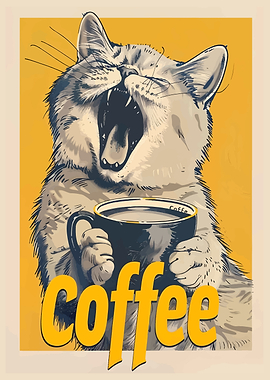 Yawning Cat with Coffee Cup