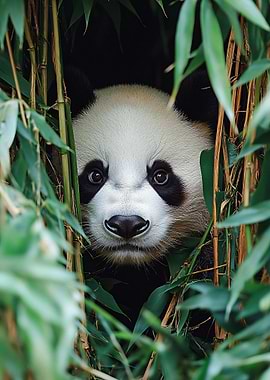 Panda peering through bamboo forest