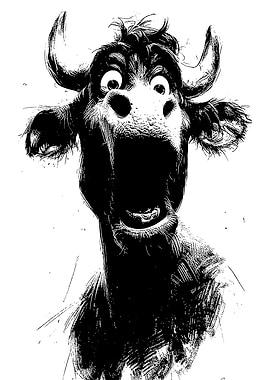Surprised Cow Black and White Sketch