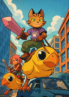 Cartoon Cat Riding Chocobo in City