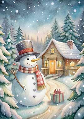 Watercolor Snowman Winter Cabin Scene