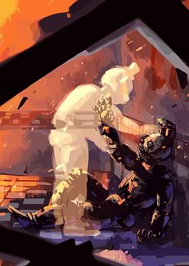 Robotic Figure and Ghostly Form