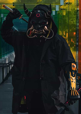 Cyberpunk Oni Warrior with Katana