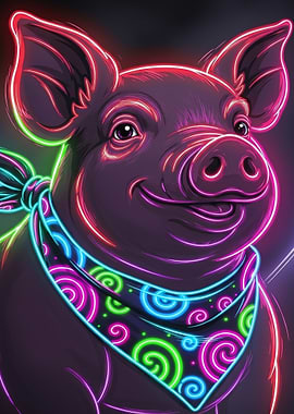 Neon Pig with Bandana Portrait