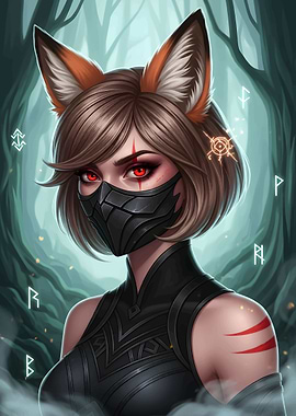 Fox-eared warrior with mask in forest