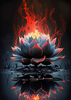 Fiery Lotus Flower in Dark Water