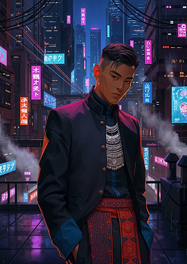 Asian Hmong in Neon Futuristic City