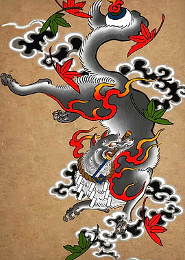 Japanese Wolf with Maple Leaves