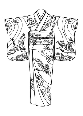 Kimono Outline with Cranes and Flowers