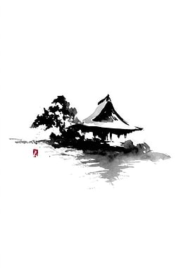 Japanese Ink Painting of a Temple