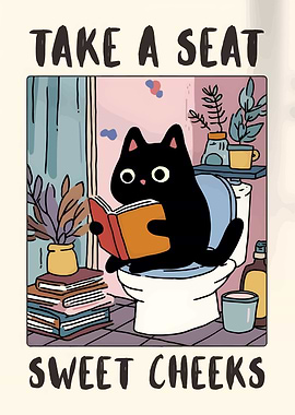 Cat Reading on Toilet Cartoon