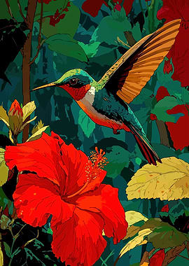 Hummingbird and Hibiscus Flower Illustration