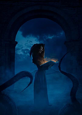 Witch reading spellbook with tentacles