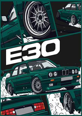 Green BMW E30 Comic Style Art