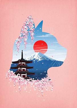 Japanese Cat Silhouette Landscape Art