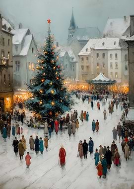 Snowy Christmas Market — Vintage Winter Wall Art