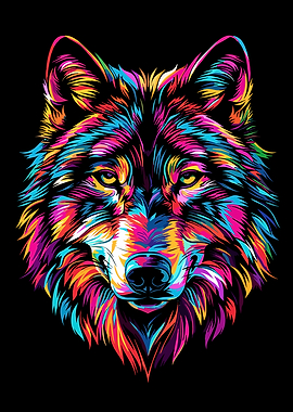 Colorful Wolf Portrait on Black Background
