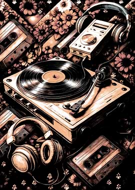 Vintage Music Equipment with Floral Background