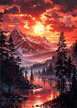 Mountain Sunset Landscape with Cabin