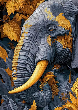 Elephant Portrait with Golden Foliage