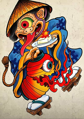 Japanese Yokai with Lantern and Tofu