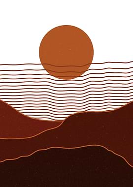 Minimalist Landscape with Sun and Waves