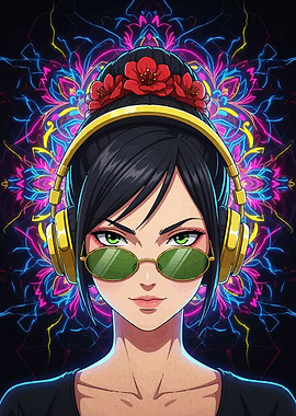 Anime Girl with Headphones and Flowers