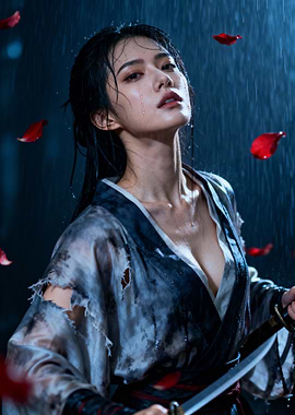 Warrior Woman in Rain with Sword