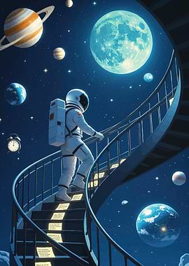 Astronaut Climbing Stairway Space