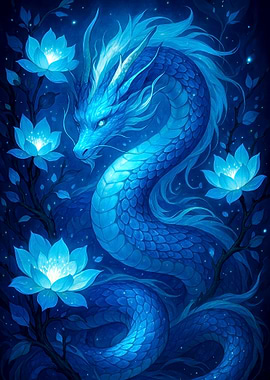 Blue Dragon and Lotus Flowers