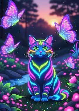 Neon Cat and Butterflies