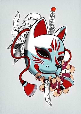 Kitsune Mask with Sword and Flowers