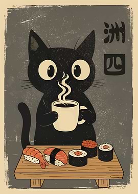 Cat with Coffee and Sushi