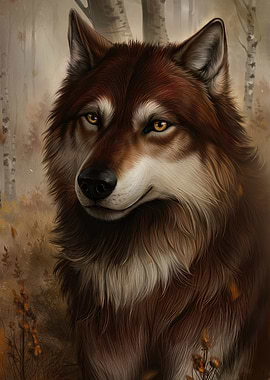 Brown Wolf Portrait in Forest Setting