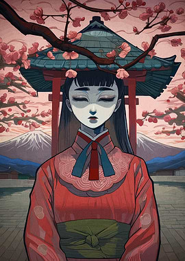 Japanese Woman with Cherry Blossoms