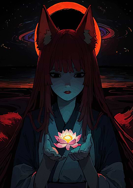 Fox Girl Holding Lotus Flower