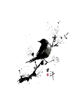 Bird on Branch Ink Painting