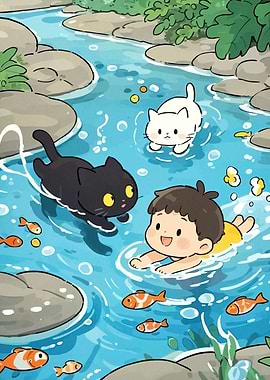 Boy and Cats Swimming River