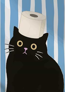 Black cat with toilet paper hat