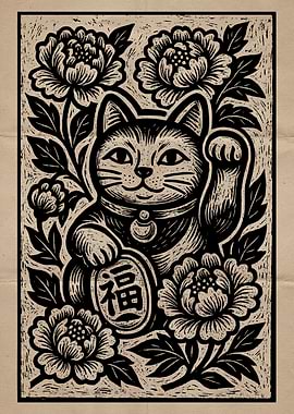 Maneki Neko with Flowers Woodcut Print