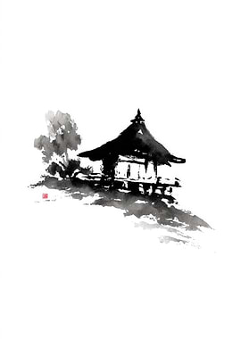Japanese Temple Ink Wash Painting