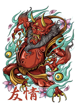 Japanese Demon Illustration with Floral Accents